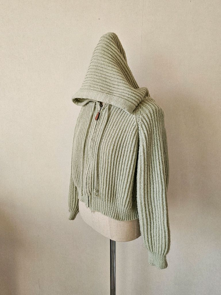 세이지 크롭 니트 후드집업 / 여리핏 볼륨소매 피스타치오 봄니트--7