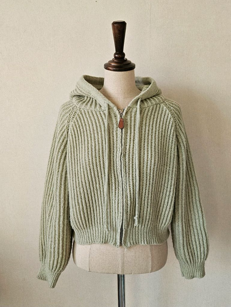 세이지 크롭 니트 후드집업 / 여리핏 볼륨소매 피스타치오 봄니트--6