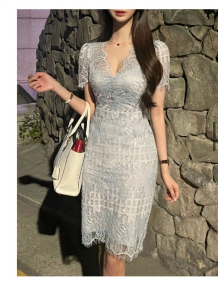 청순 소라 시스루 플라워 레이스 미니 고급 레이스원피스 반팔H라인 하객룩--0