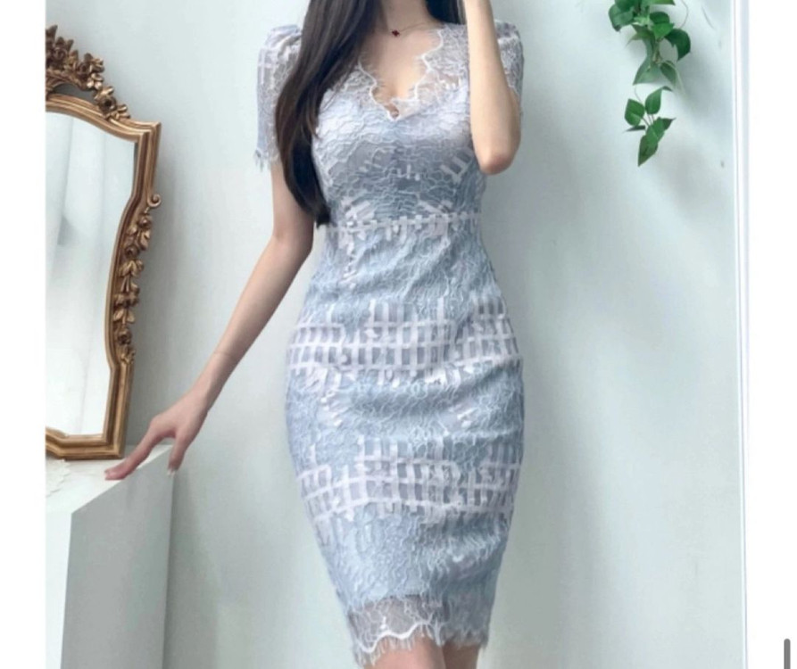 청순 소라 시스루 플라워 레이스 미니 고급 레이스원피스 반팔H라인 하객룩--1