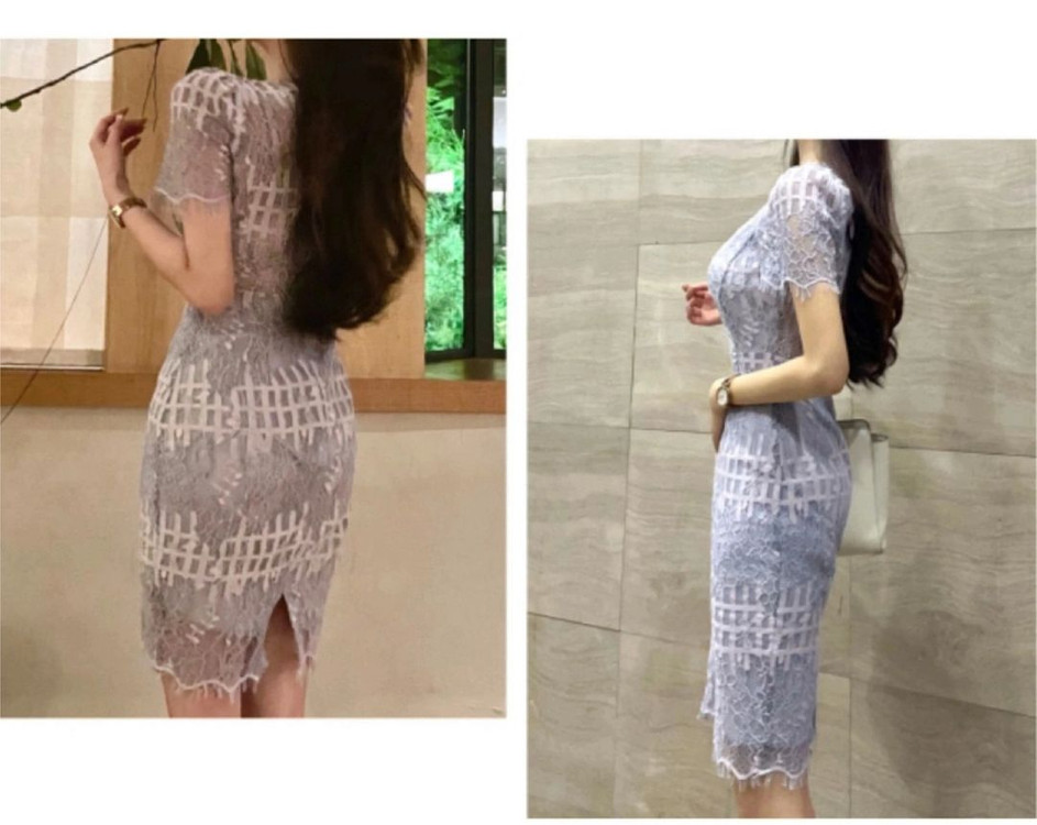 청순 소라 시스루 플라워 레이스 미니 고급 레이스원피스 반팔H라인 하객룩--2