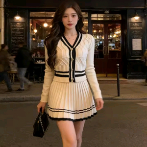 니트 가디건 플리츠 스커트 투피스 세트 새상품