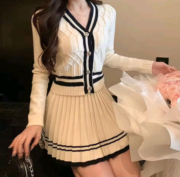 니트 가디건 플리츠 스커트 투피스 세트 새상품--2