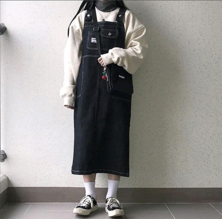 흑청 코튼 데님 멜빵 롱원피스 오버롤 스커트 / 핫핑 리리앤코 바온 슬로우앤드 오디너리먼트 공구우먼 아뜨랑스 어베인 이미지