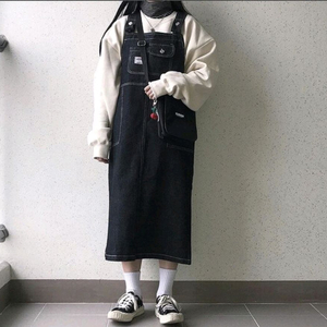 흑청 코튼 데님 멜빵 롱원피스 오버롤 스커트 / 핫핑 리리앤코 바온 슬로우앤드 오디너리먼트 공구우먼 아뜨랑스 어베인 이미지