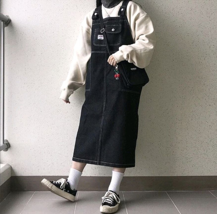 흑청 코튼 데님 멜빵 롱원피스 오버롤 스커트 / 핫핑 리리앤코 바온 슬로우앤드 오디너리먼트 공구우먼 아뜨랑스 어베인 이미지
