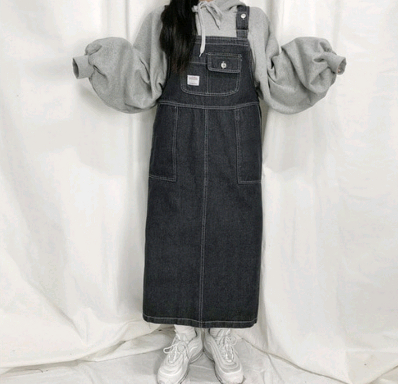 흑청 코튼 데님 멜빵 롱원피스 오버롤 스커트 / 핫핑 리리앤코 바온 슬로우앤드 오디너리먼트 공구우먼 아뜨랑스 어베인 이미지