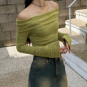 에이블리 보카시 스트라이프 오프숄더 크롭 긴팔 티셔츠 이미지