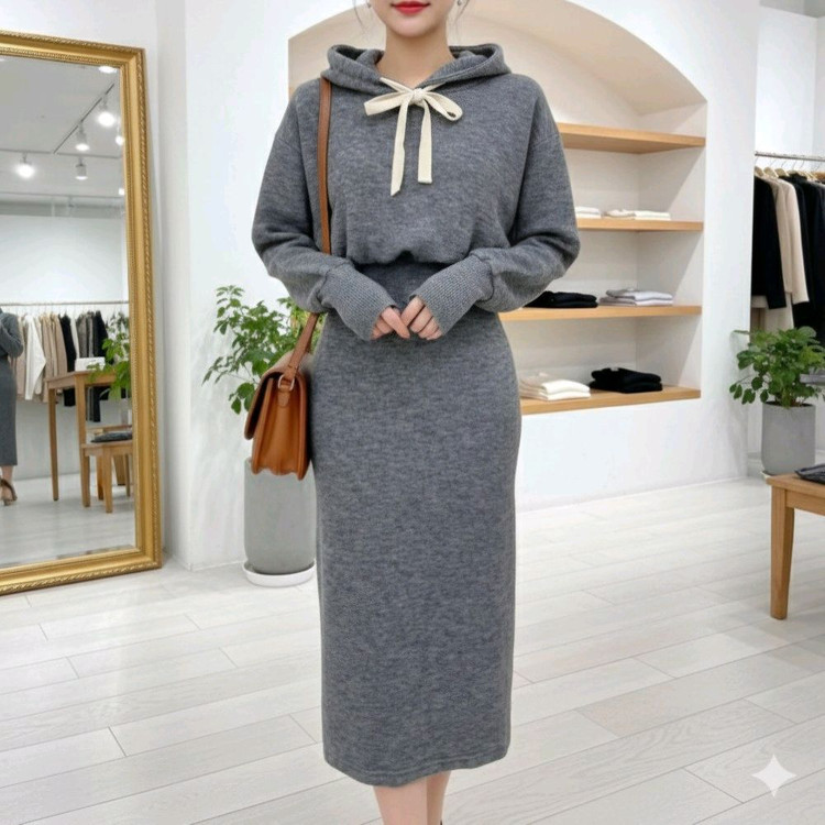 캐주얼 회색 후드 니트 원피스 프리사이즈ㅡ무배--1