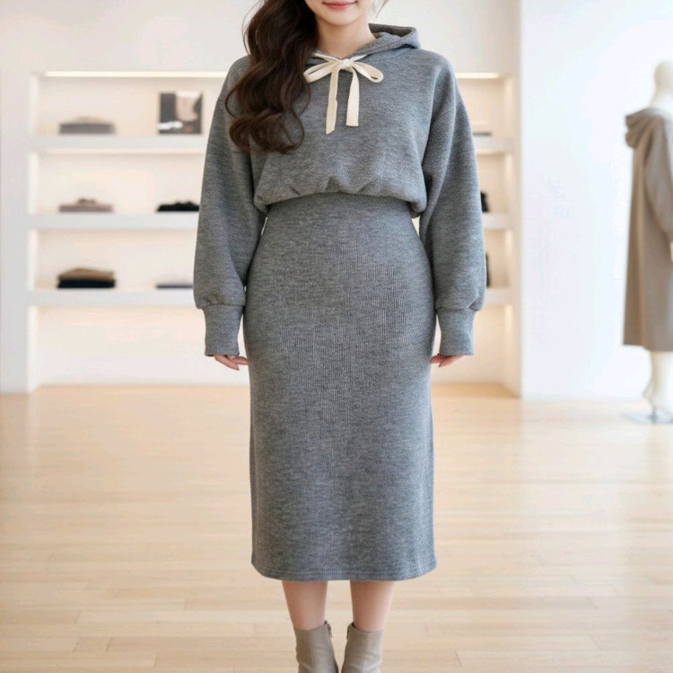 캐주얼 회색 후드 니트 원피스 프리사이즈ㅡ무배--2