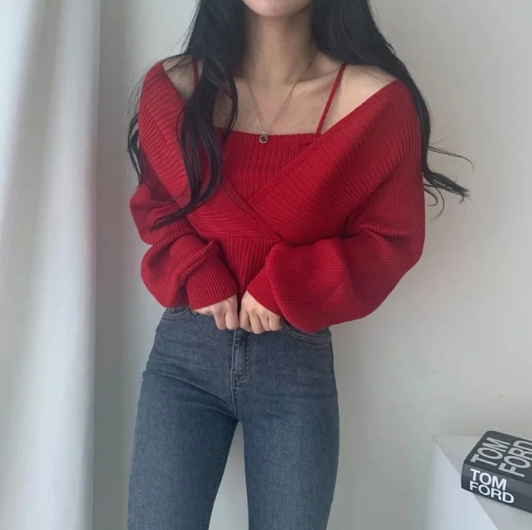 에이블리 오프숄더 랩니트 레드 이미지