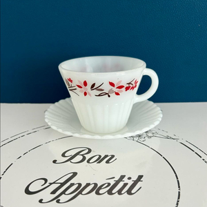 빈티지 터모크리사 레드 플라워 패턴 밀크글라스 컵&소서 이미지