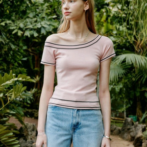 새상품) 오프숄더 니트 탑 반팔 핑크