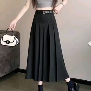 블랙 롱 플리츠 스커트 테니스 치마 교복 스타일 검정 27 새상품 벨트 세트 지그재그 이미지