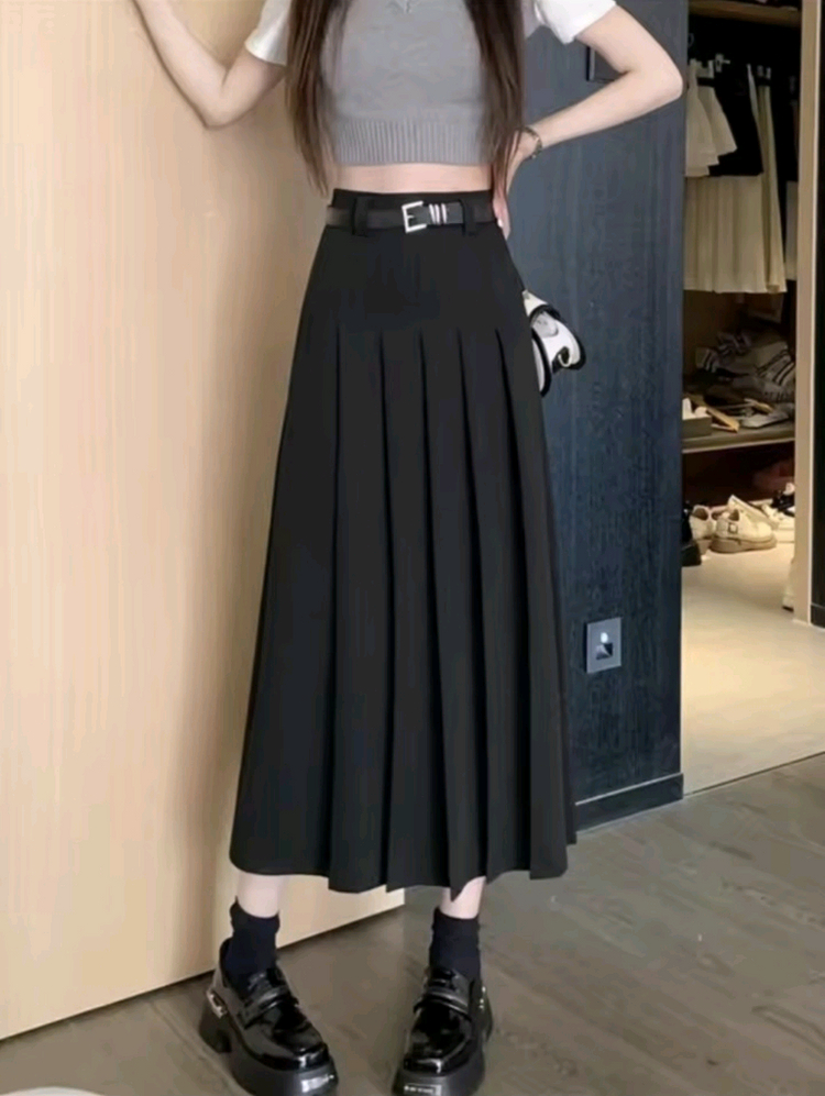 블랙 롱 플리츠 스커트 테니스 치마 교복 스타일 검정 27 새상품 벨트 세트 지그재그 이미지
