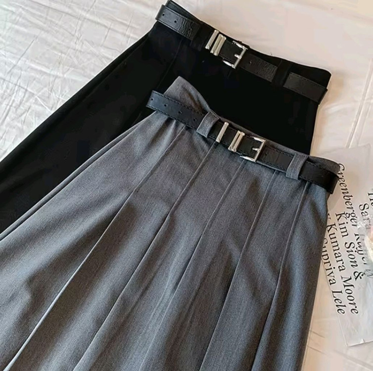 블랙 롱 플리츠 스커트 테니스 치마 교복 스타일 검정 27 새상품 벨트 세트 지그재그 이미지