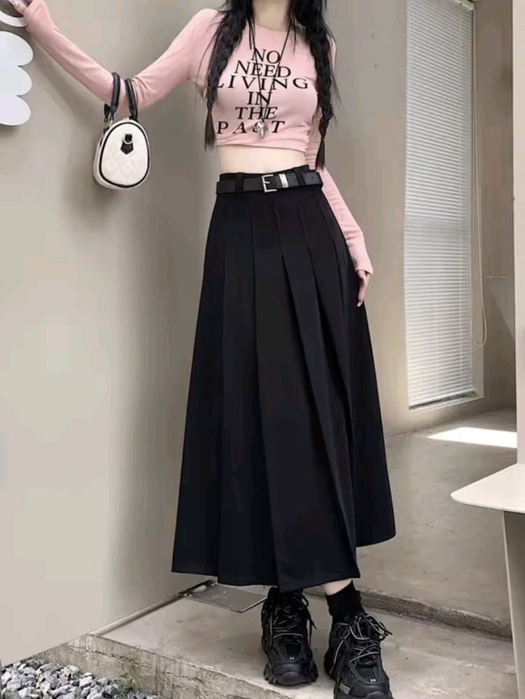 블랙 롱 플리츠 스커트 테니스 치마 교복 스타일 검정 27 새상품 벨트 세트 지그재그 이미지