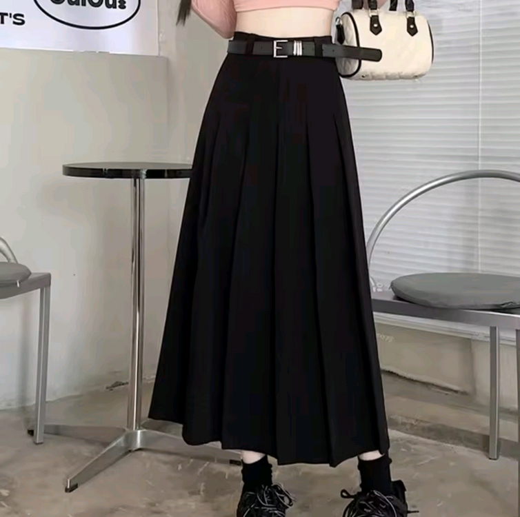 블랙 롱 플리츠 스커트 테니스 치마 교복 스타일 검정 27 새상품 벨트 세트 지그재그 이미지