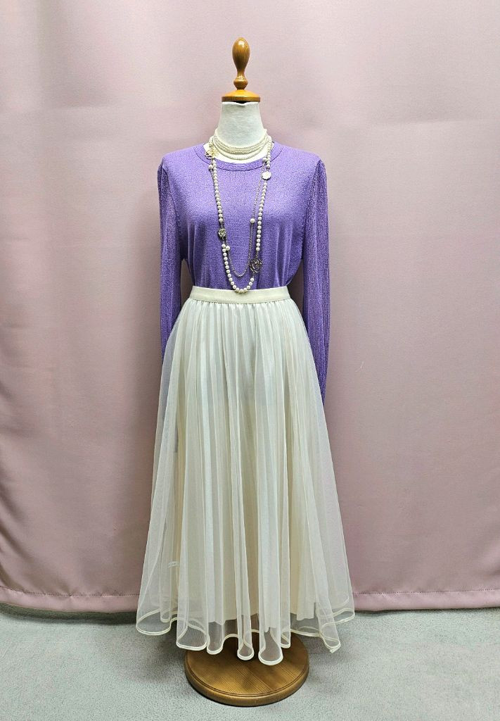 투웨이 청순 튤 플리츠 롱스커트--2