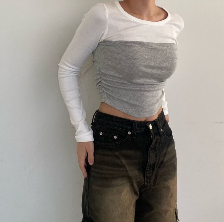 레이어드 스타일 긴팔 티셔츠 화이트/그레이--0