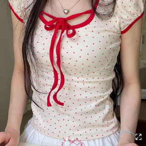 하트 도트 리본 반팔 티셔츠