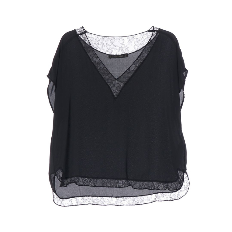 ZARA 블랙 레이스 레이어드 브이넥 루즈핏 반팔 블라우스 M 이미지