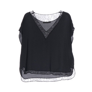 ZARA 블랙 레이스 레이어드 브이넥 루즈핏 반팔 블라우스 M 이미지