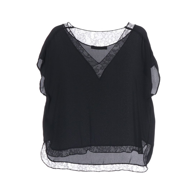 ZARA 블랙 레이스 레이어드 브이넥 루즈핏 반팔 블라우스 M 이미지