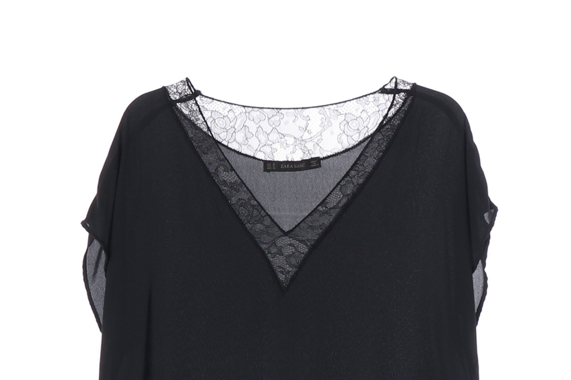 ZARA 블랙 레이스 레이어드 브이넥 루즈핏 반팔 블라우스 M 이미지