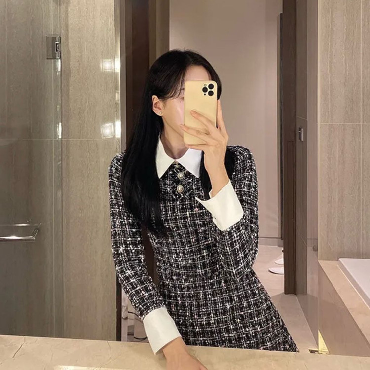 하객룩 추천! 카라 배색 트위드 원피스 S--2