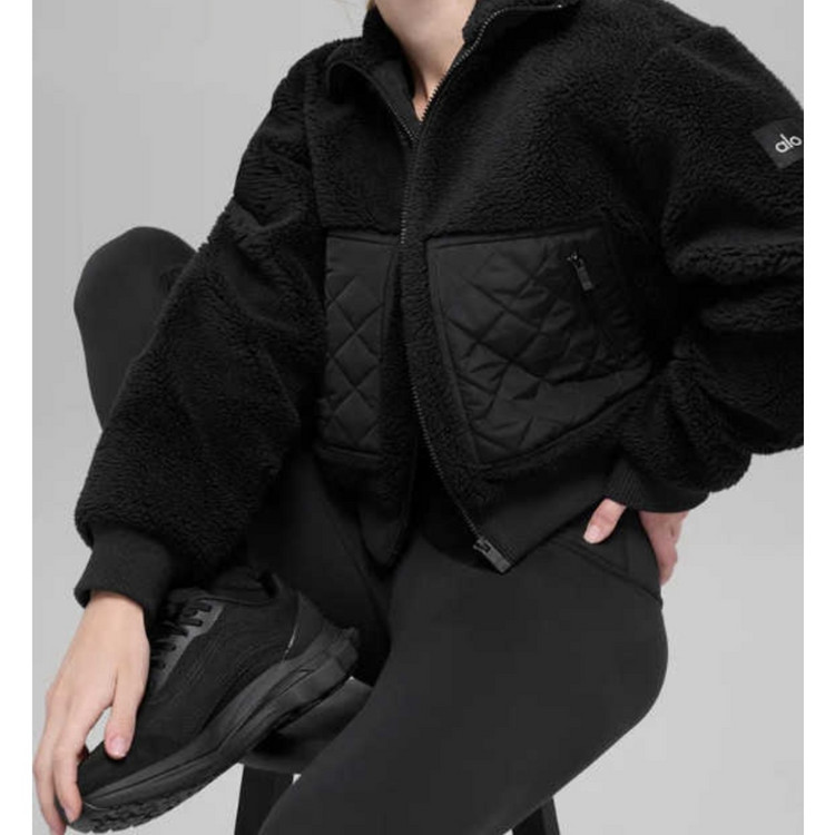 새상품 알로 요가 쉐르파 엣지 봄버 플리스 양털 자켓 블랙 라지(L)--1