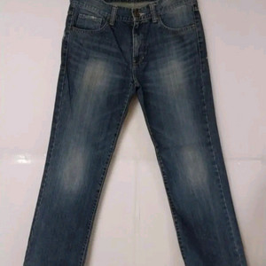 32)게스 로스앤젤레스 가죽패치 미디어블루색 워싱 데님 생지 일자청바지