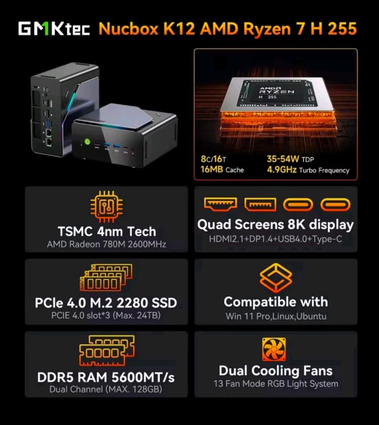 GMKtec K12 미니 PC Ryzen 7 H 255 베어본 이미지