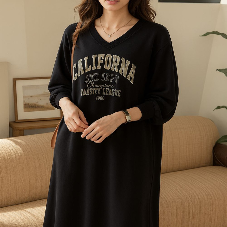 루즈핏 레터링 브이넥 맨투맨 롱원피스ㅡ무배--1