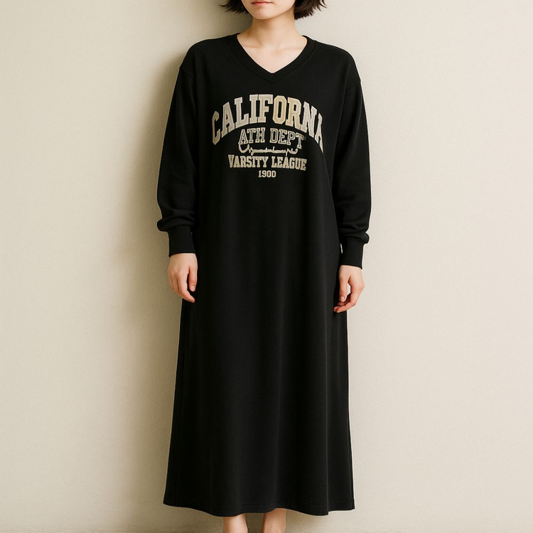 루즈핏 레터링 브이넥 맨투맨 롱원피스ㅡ무배--2