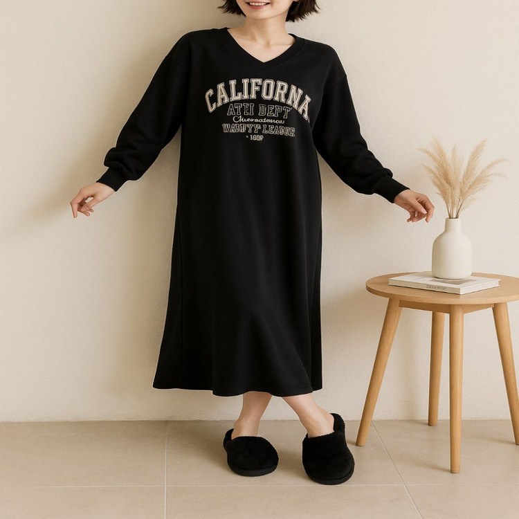 루즈핏 레터링 브이넥 맨투맨 롱원피스ㅡ무배--3