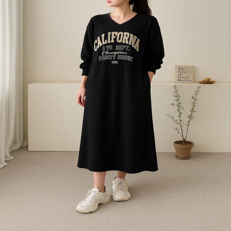 루즈핏 레터링 브이넥 맨투맨 롱원피스ㅡ무배--4