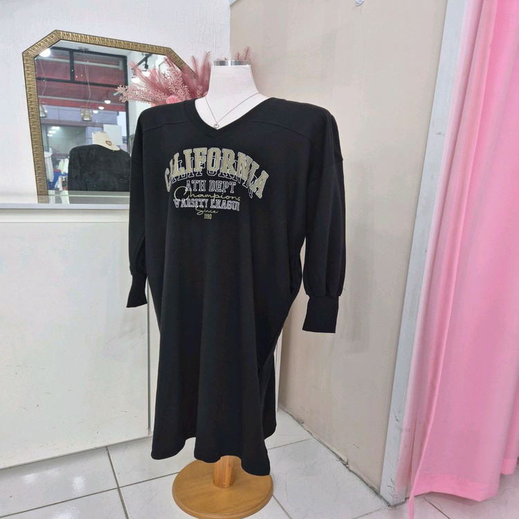 루즈핏 레터링 브이넥 맨투맨 롱원피스ㅡ무배--5