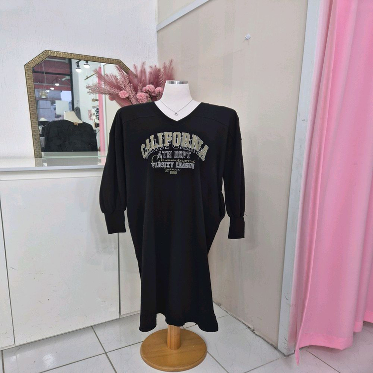 루즈핏 레터링 브이넥 맨투맨 롱원피스ㅡ무배--6