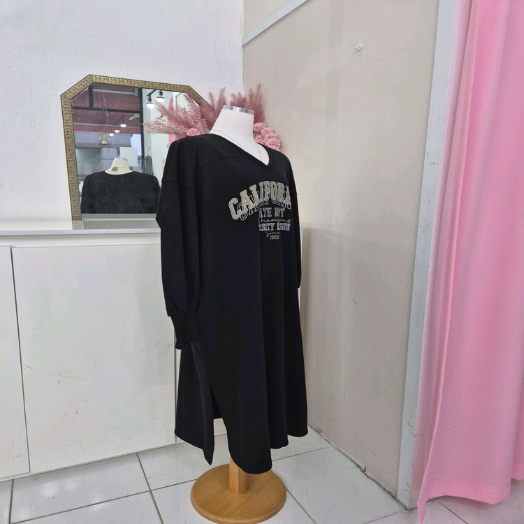 루즈핏 레터링 브이넥 맨투맨 롱원피스ㅡ무배--8