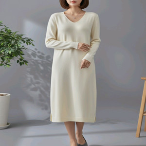 브이넥 크림 아이보리 니트 롱 원피스 (프리사이즈)