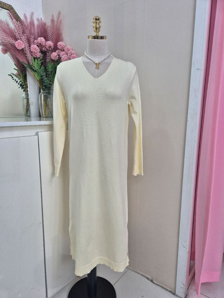 브이넥 크림 아이보리 니트 롱 원피스 (프리사이즈)--1