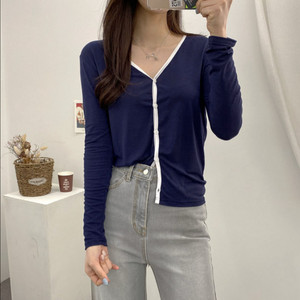 배색 브이넥 긴팔 가디건