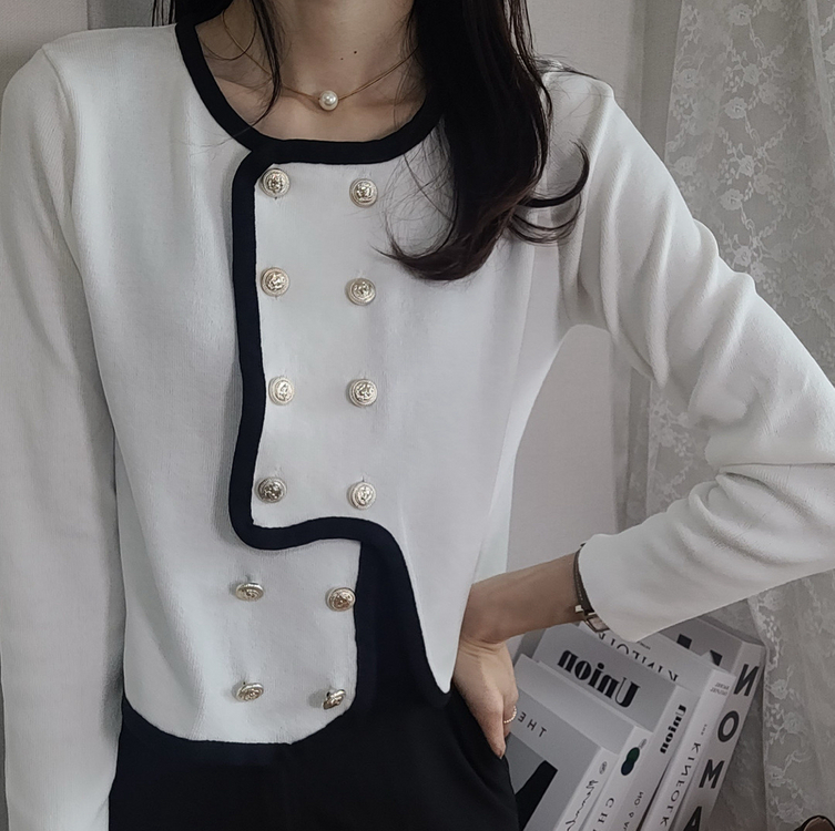 언발 금장 더블버튼 니트 트위드 가디건--0