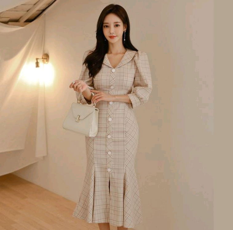 잇미샤 믹스 체크 머메이드 롱 원피스 이미지