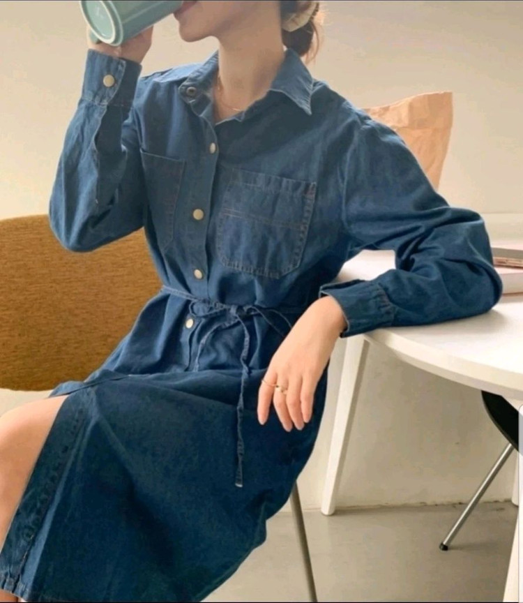 새상품) 데님 셔츠 롱원피스/ 스트랩 데님원피스 이미지