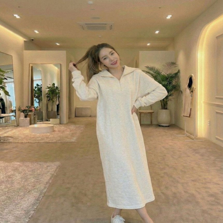 빅카라 반집업 롱 원피스, 봄가을 꾸안꾸 홈웨어 데일리룩ㅡ무배--1