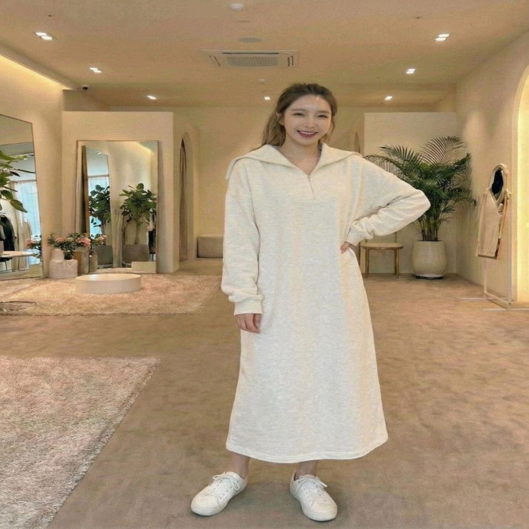 빅카라 반집업 롱 원피스, 봄가을 꾸안꾸 홈웨어 데일리룩ㅡ무배--4