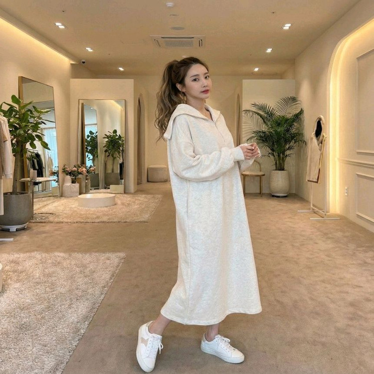 빅카라 반집업 롱 원피스, 봄가을 꾸안꾸 홈웨어 데일리룩ㅡ무배--5