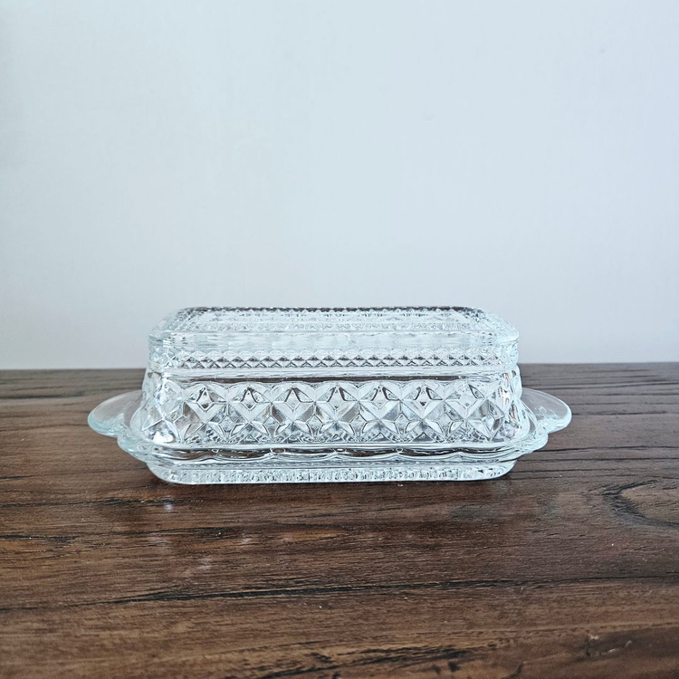 빈티지 앵커 호킹 1/4 파운드 커버 버터 접시 투명 유리 다이아몬드 이미지